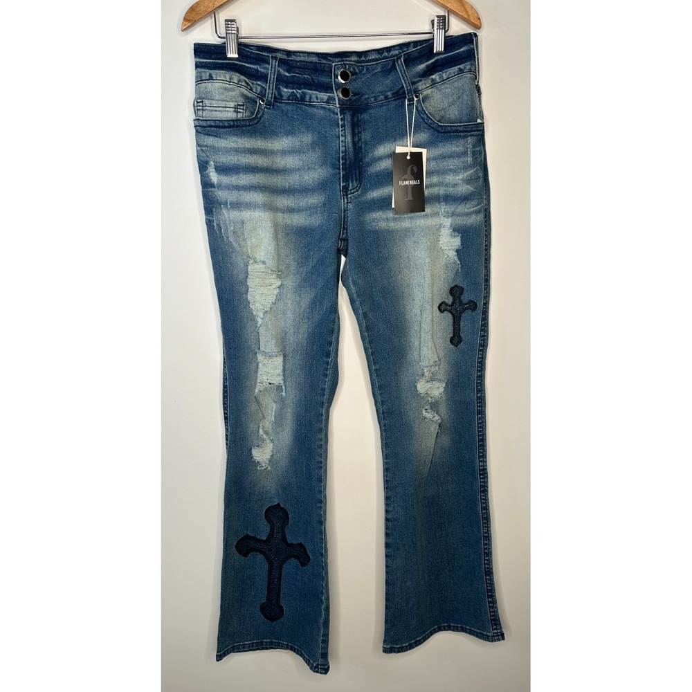 FLAMINGALS Cross Embroidery Ripped Double Button Mid Rise Bootcut Jeans 2XL - Picture 15 of 15